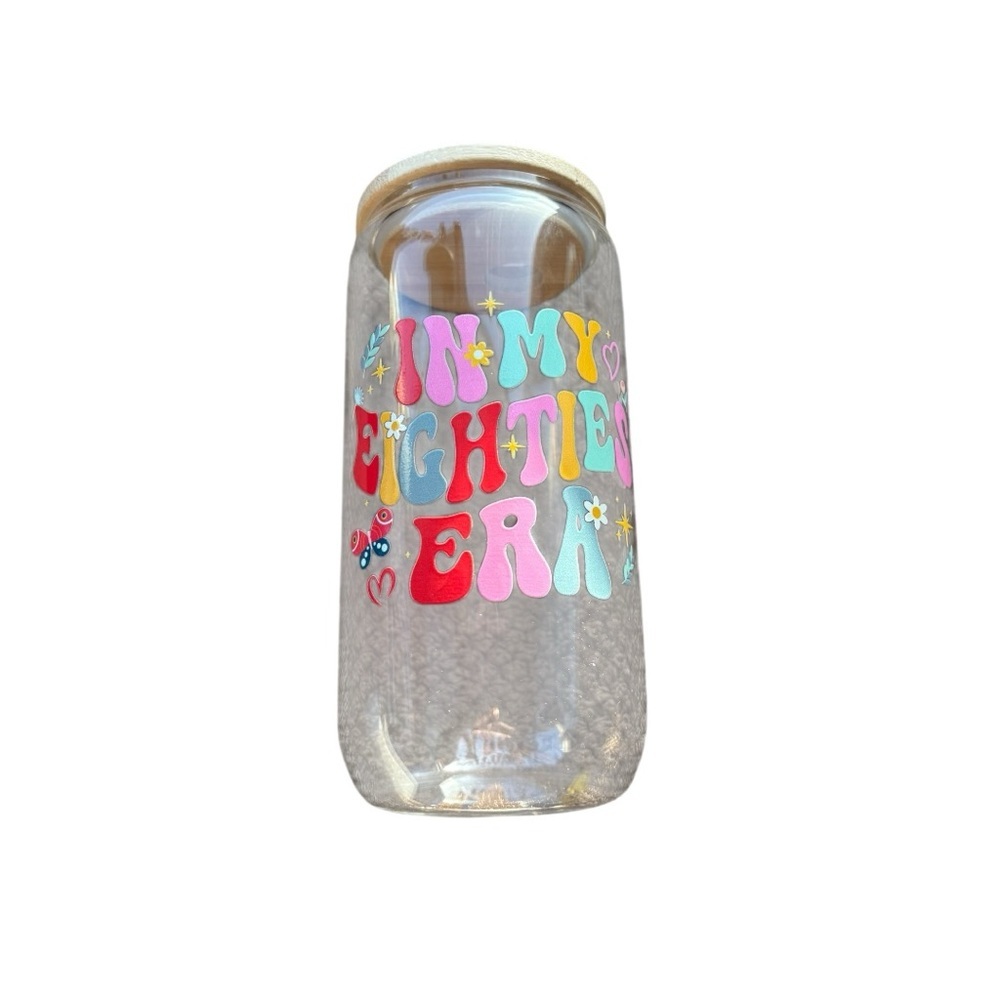 Colorful 'In My Eighties Era' Glass Tumbler With Straw. New